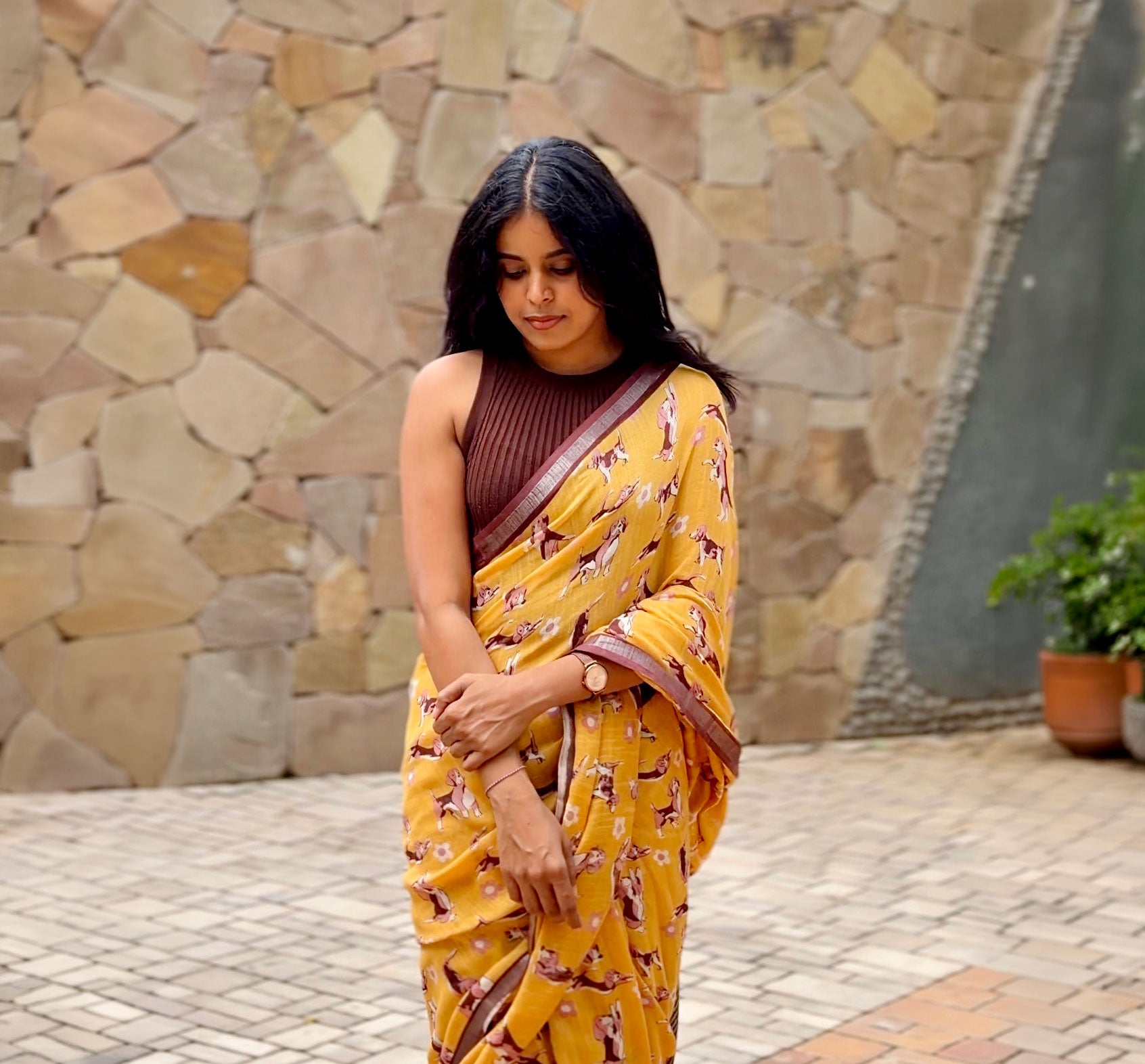 Sniff & Seek mustard orange cotton beagle print saree with daisy florals and dark brown zari pallu, Zoomies Collection by The Thread Weavers