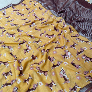 Sniff & Seek mustard cotton beagle print saree closeup with daisy florals and dark brown zari pallu, Zoomies Collection by The Thread Weavers