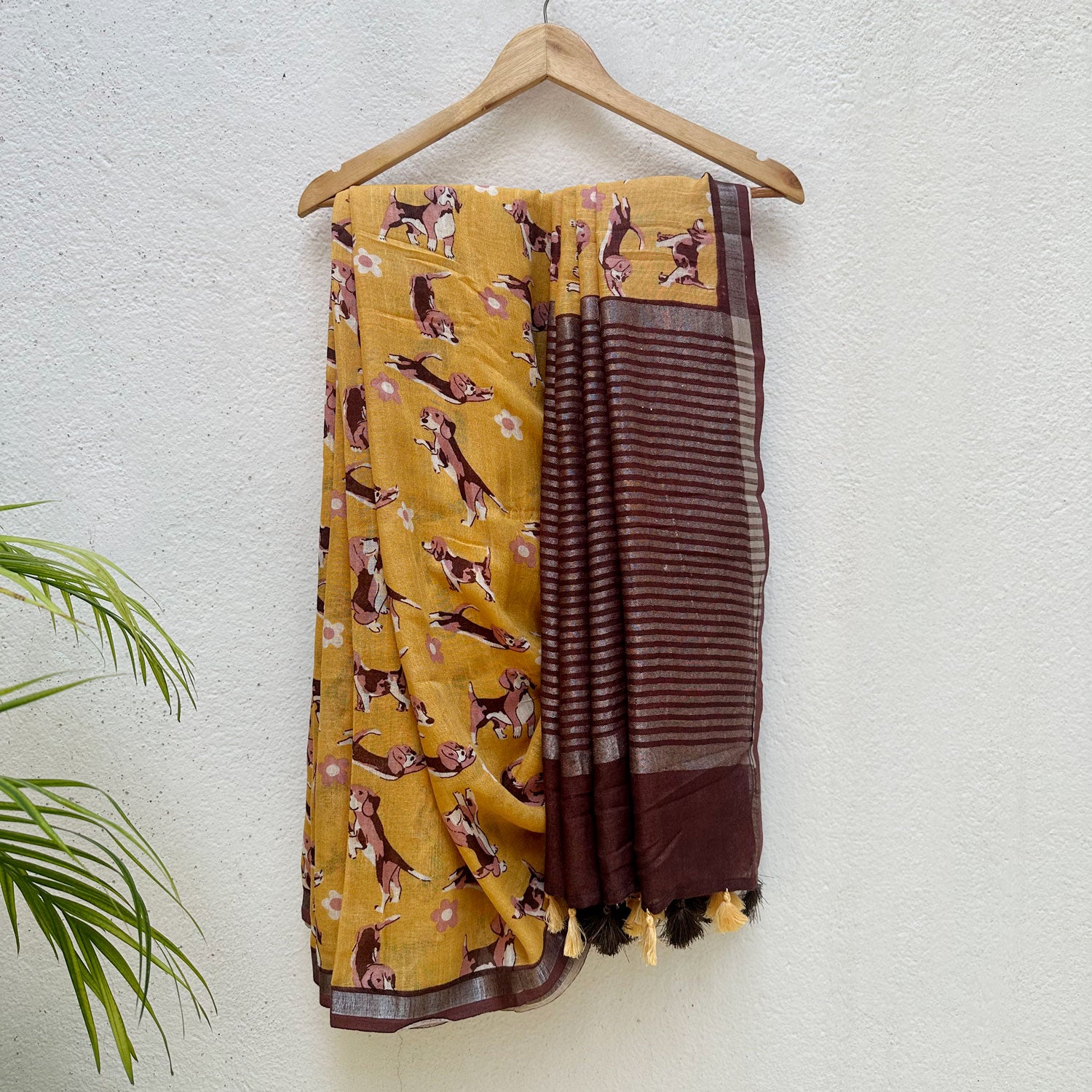Sniff & Seek mustard cotton beagle print saree with daisy florals and dark brown zari pallu, Zoomies Collection by The Thread Weavers