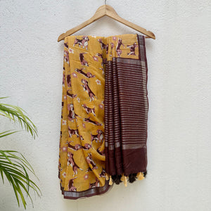 Sniff & Seek mustard cotton beagle print saree with daisy florals and dark brown zari pallu, Zoomies Collection by The Thread Weavers