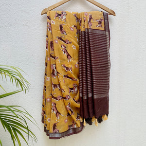 Sniff & Seek mustard cotton beagle print saree with daisy florals and dark brown zari pallu, Zoomies Collection by The Thread Weavers