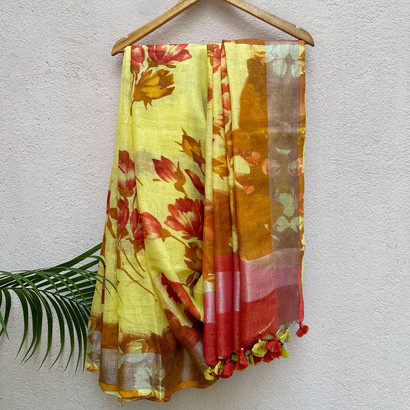 Stylish Spring Handblock Printed Pure Linen Saree