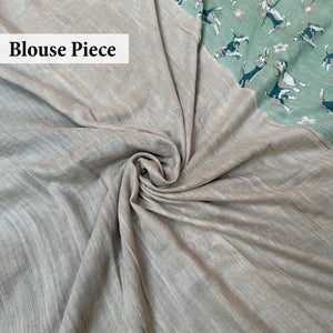 The Biscuit Hour sage green cotton beagle print saree with plain grey blouse, Zoomies Collection Thread Weavers