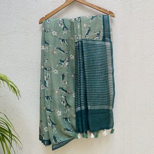 The Biscuit Hour sage green cotton beagle print saree with daisy florals and dark teal zari pallu, Zoomies Collection Thread Weavers