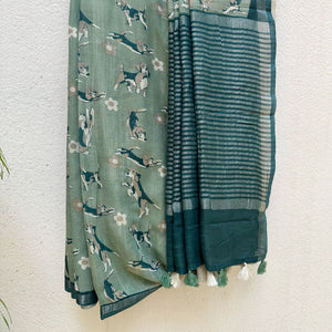 The Biscuit Hour sage green cotton beagle print saree with daisy florals and dark teal zari pallu, Zoomies Collection Thread Weavers