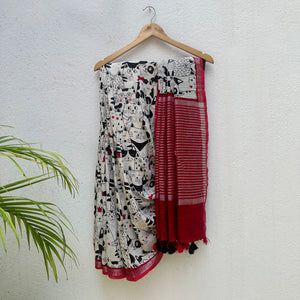 The Great Catsby ivory cotton saree with black illustrated cat crowd print and crimson red zari pallu, Zoomies Collection Thread Weavers