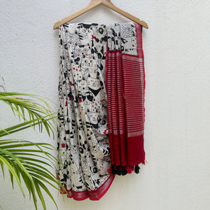 The Great Catsby ivory cotton saree with black illustrated cat crowd print and crimson red zari pallu, Zoomies Collection Thread Weavers