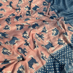 The Pawdcast blush pink cotton Shiba Inu dog print saree closeup with polka dot border and steel blue zari pallu, Zoomies Collection TTW