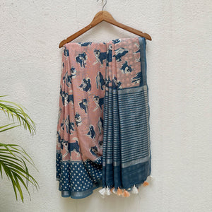 The Pawdcast blush pink cotton Shiba Inu dog print saree with polka dot border and steel blue zari pallu, Zoomies Collection TTW