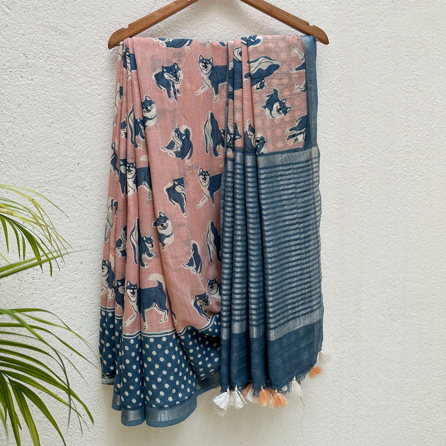 The Pawdcast blush pink cotton Shiba Inu dog print saree with polka dot border and steel blue zari pallu, Zoomies Collection TTW