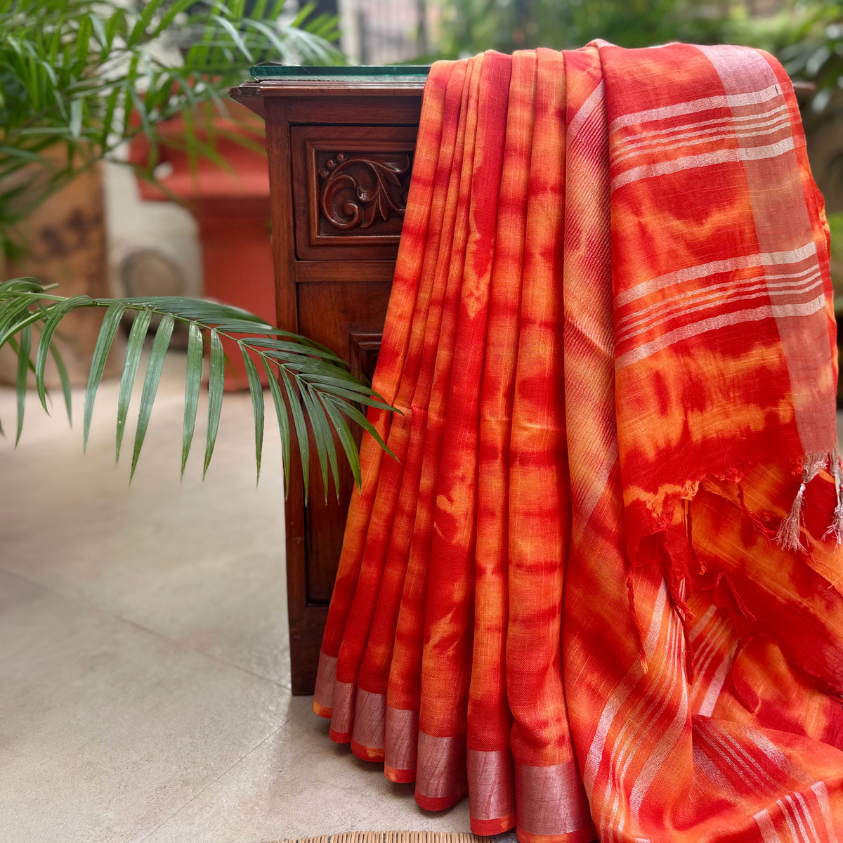 Trumpet Vine Shibori Cotton Linen Saree