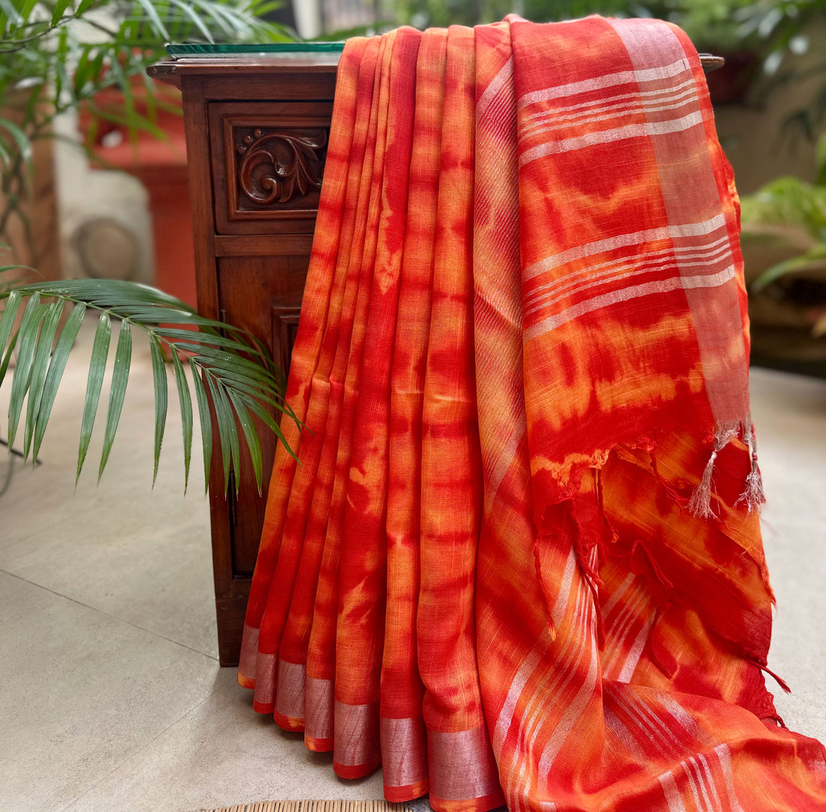Trumpet Vine Shibori Cotton Linen Saree