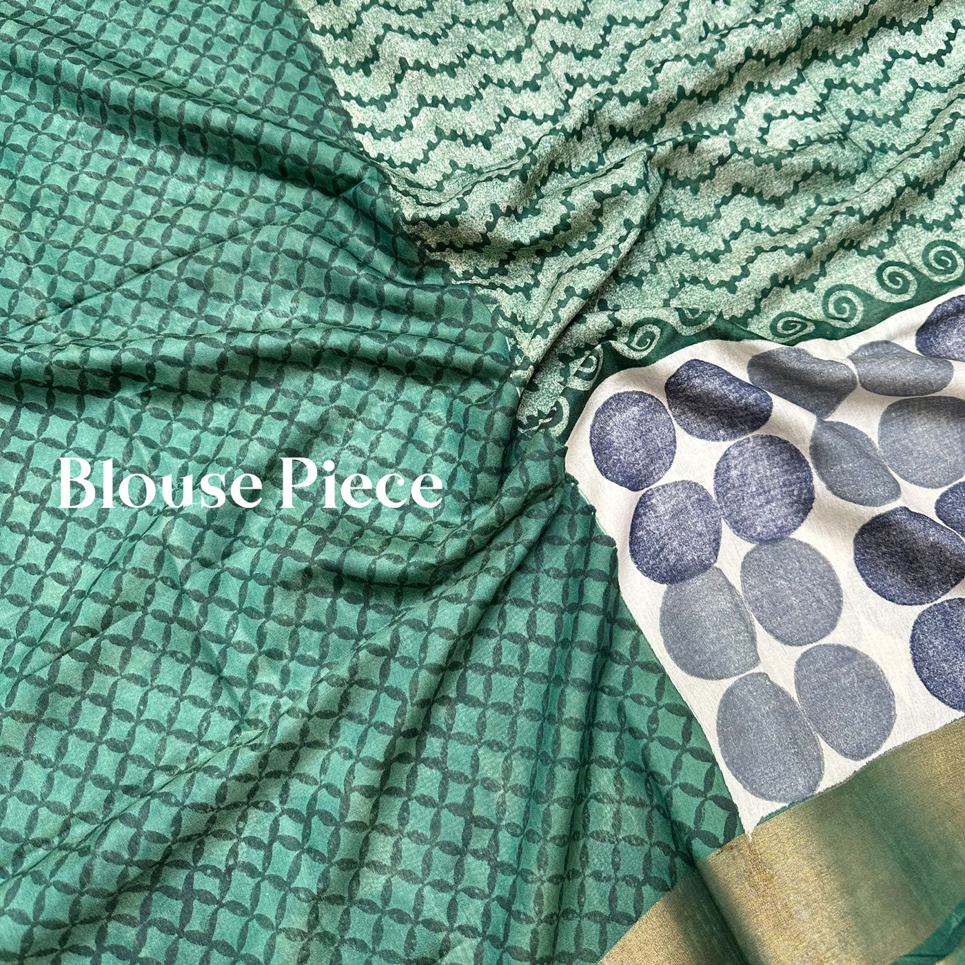 Ultramarine Green Handblock Cotton Viscose Silk Saree