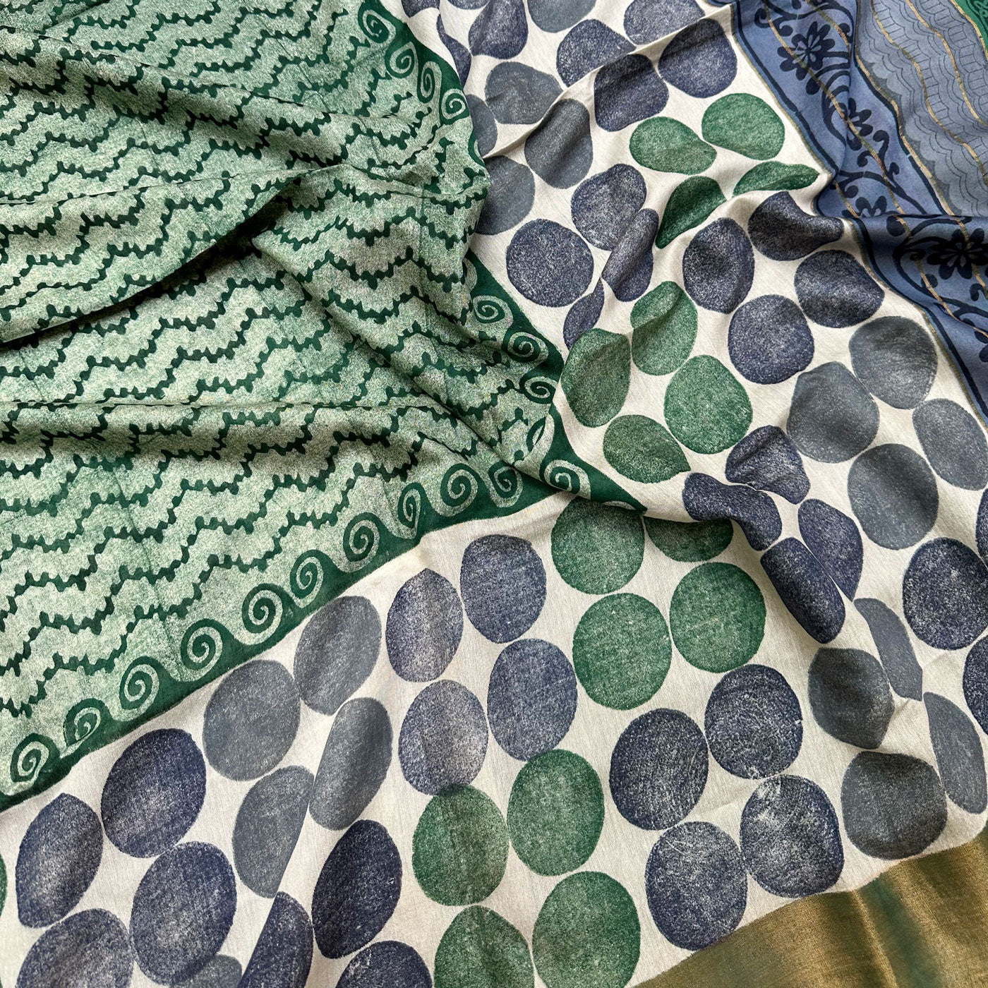 Ultramarine Green Handblock Cotton Viscose Silk Saree