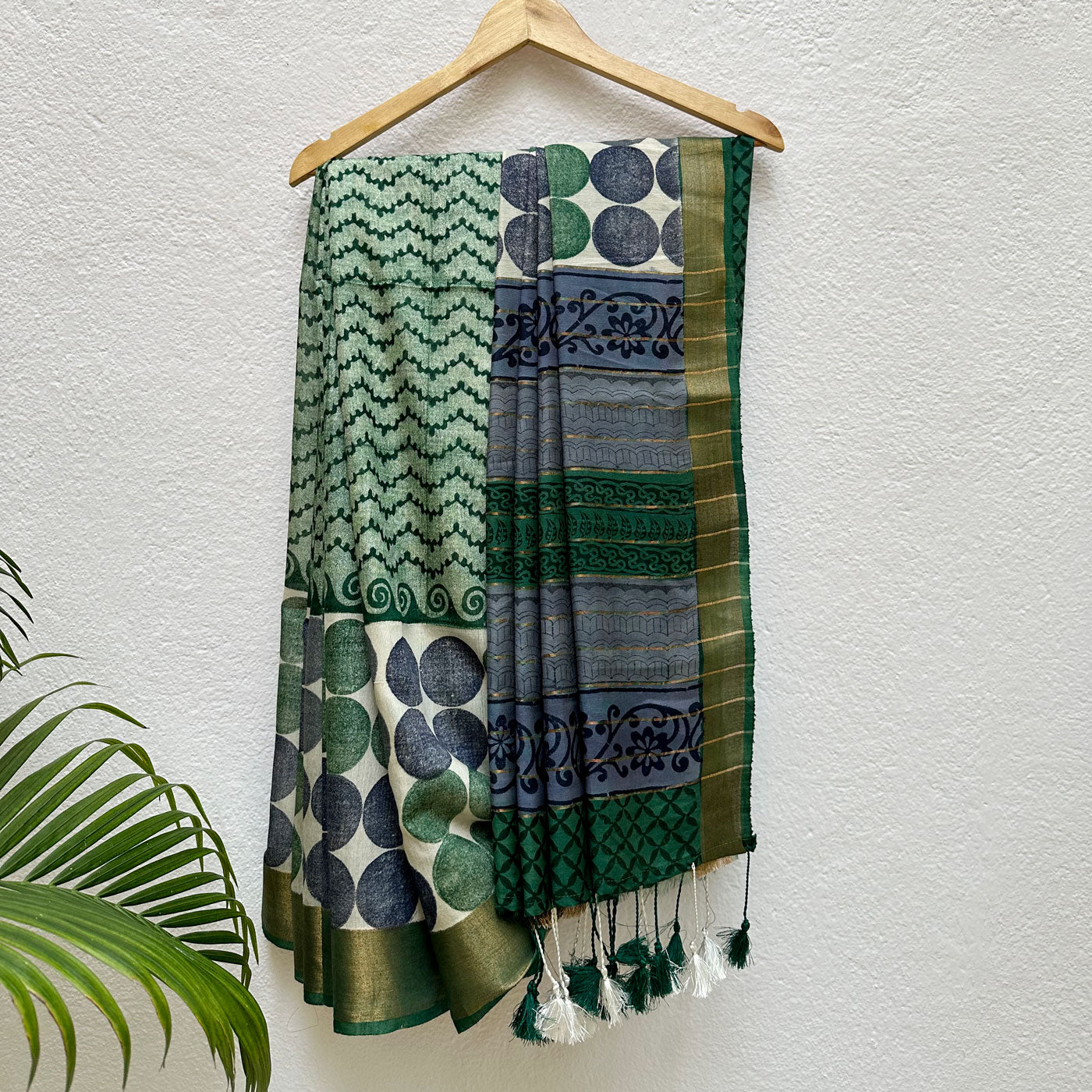 Ultramarine Green Handblock Cotton Viscose Silk Saree