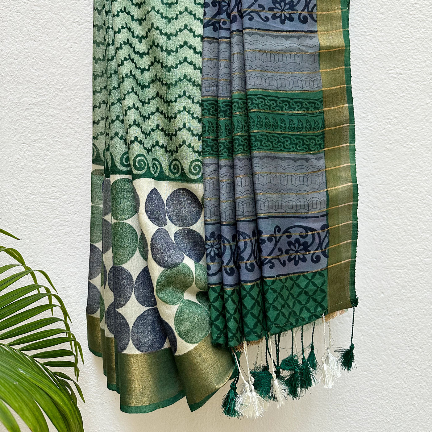 Ultramarine Green Handblock Cotton Viscose Silk Saree