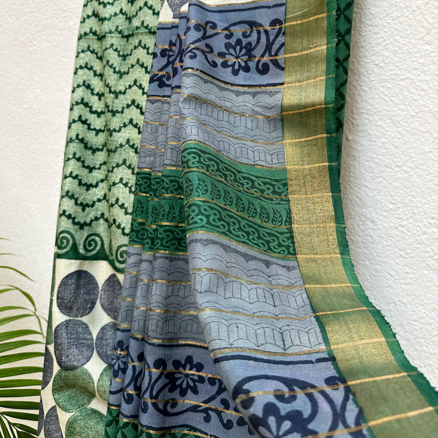 Ultramarine Green Handblock Cotton Viscose Silk Saree