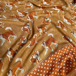 Very Doge camel cotton Shiba Inu dog print saree closeup with polka dot border and burnt orange zari pallu, Zoomies Collection Thread Weavers