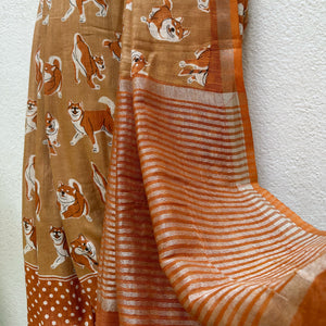 Very Doge camel cotton Shiba Inu dog print saree with polka dot border and burnt orange zari pallu, Zoomies Collection Thread Weavers