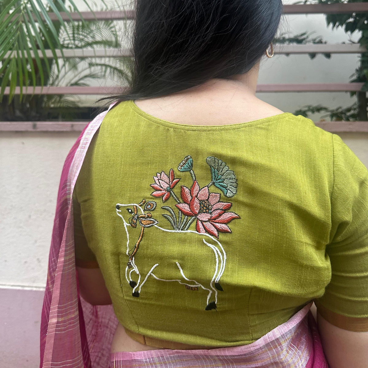 Nandini Check Pure Linen Saree with Pichwai Embroidered Blouse Piece