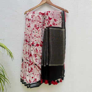 Whisker Theory ivory cotton saree with red illustrated cat crowd folk print and black zari pallu, Zoomies Collection Thread Weavers