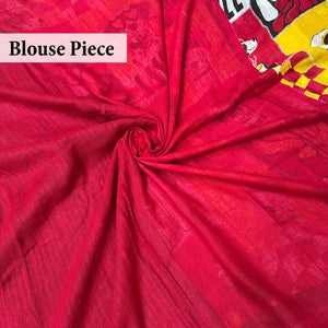 Who Let The Dogs Dress Up yellow red patchwork dog print saree with red blouse piece, Zoomies Collection TTW