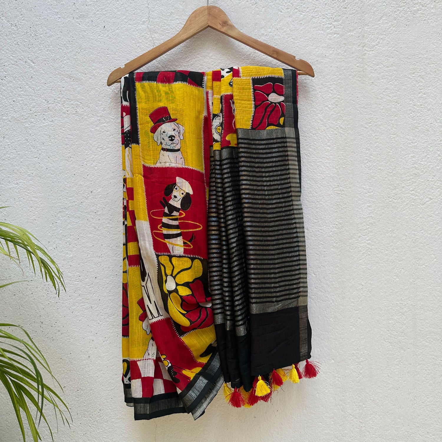 Who Let The Dogs Dress Up yellow red patchwork dog print saree with illustrated dog panels and black zari pallu, Zoomies Collection TTW