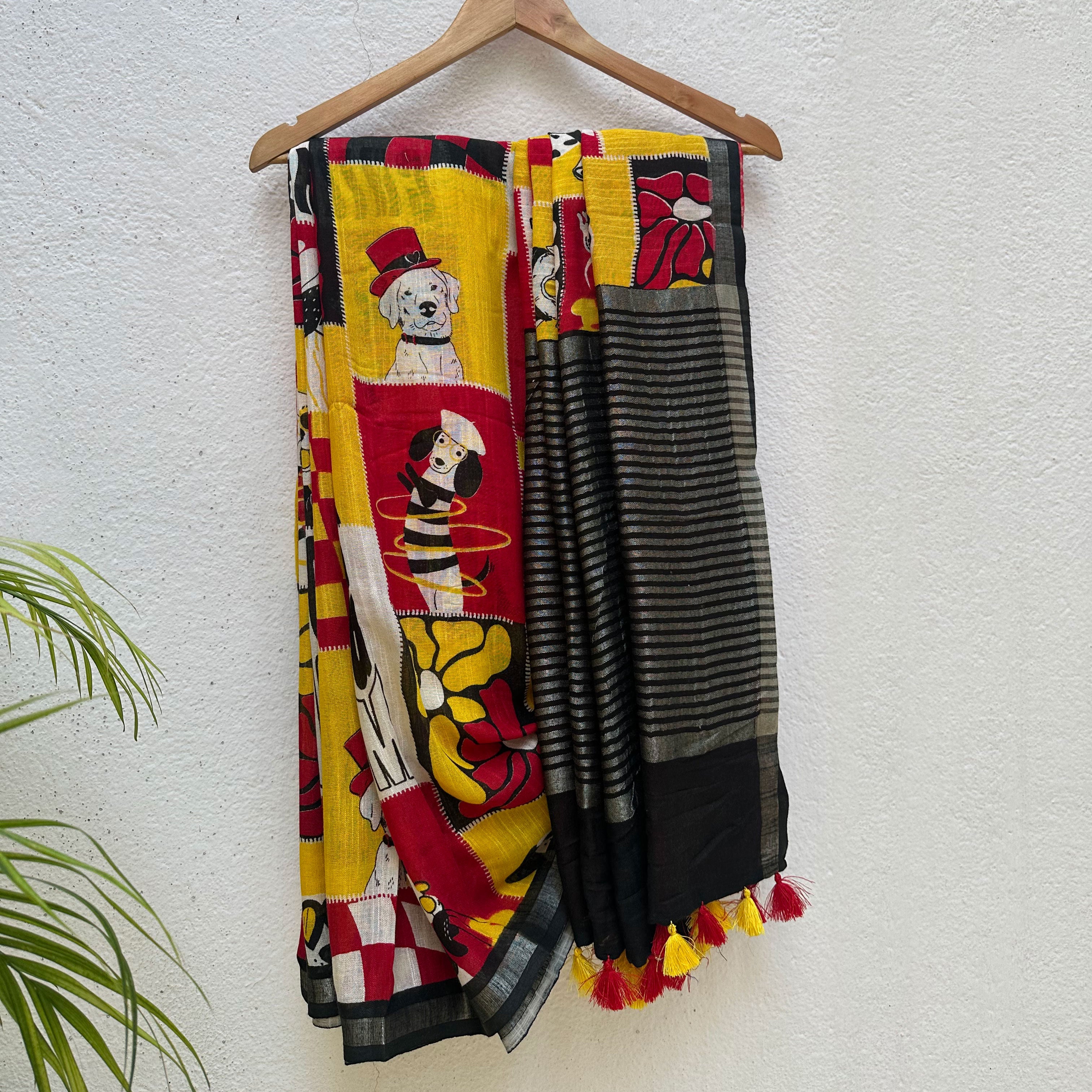 Who Let The Dogs Dress Up yellow red patchwork dog print saree with illustrated dog panels and black zari pallu, Zoomies Collection TTW