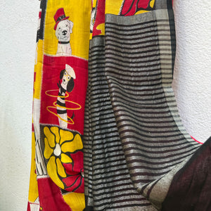 Who Let The Dogs Dress Up yellow red patchwork dog print saree with illustrated dog panels and black zari pallu, Zoomies Collection TTW
