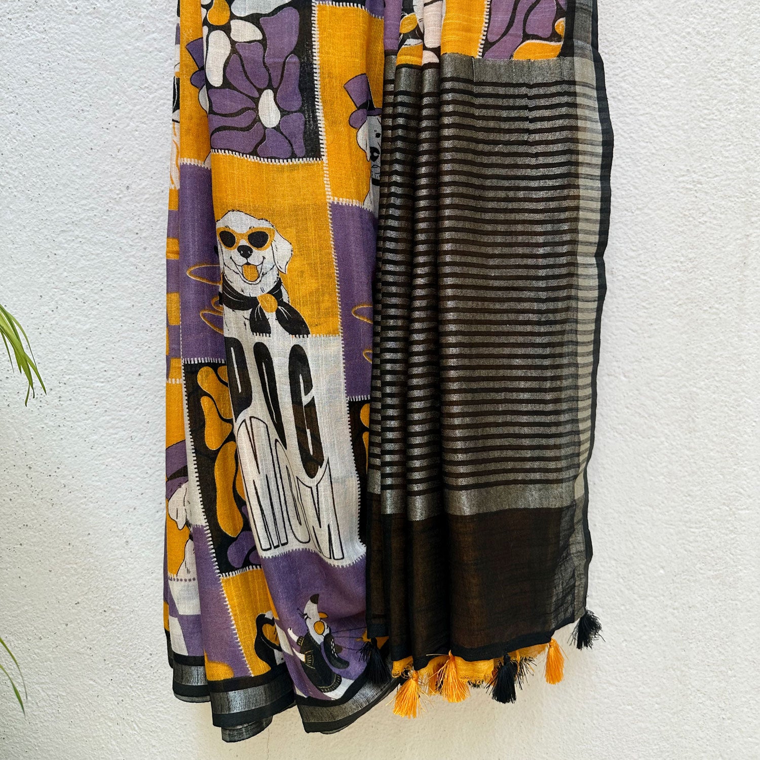 Woof There It Is purple mustard patchwork dog print cotton saree with Dog Mom typography and black zari pallu, Zoomies Collection Thread Weavers