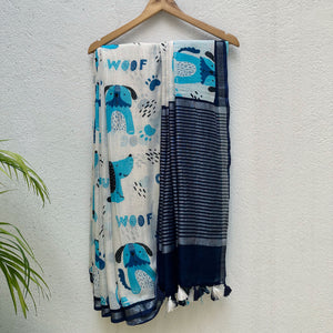 Woof & Wonder ivory cotton saree with blue illustrated dog and WOOF typography print and navy zari pallu, Zoomies Collection TTW