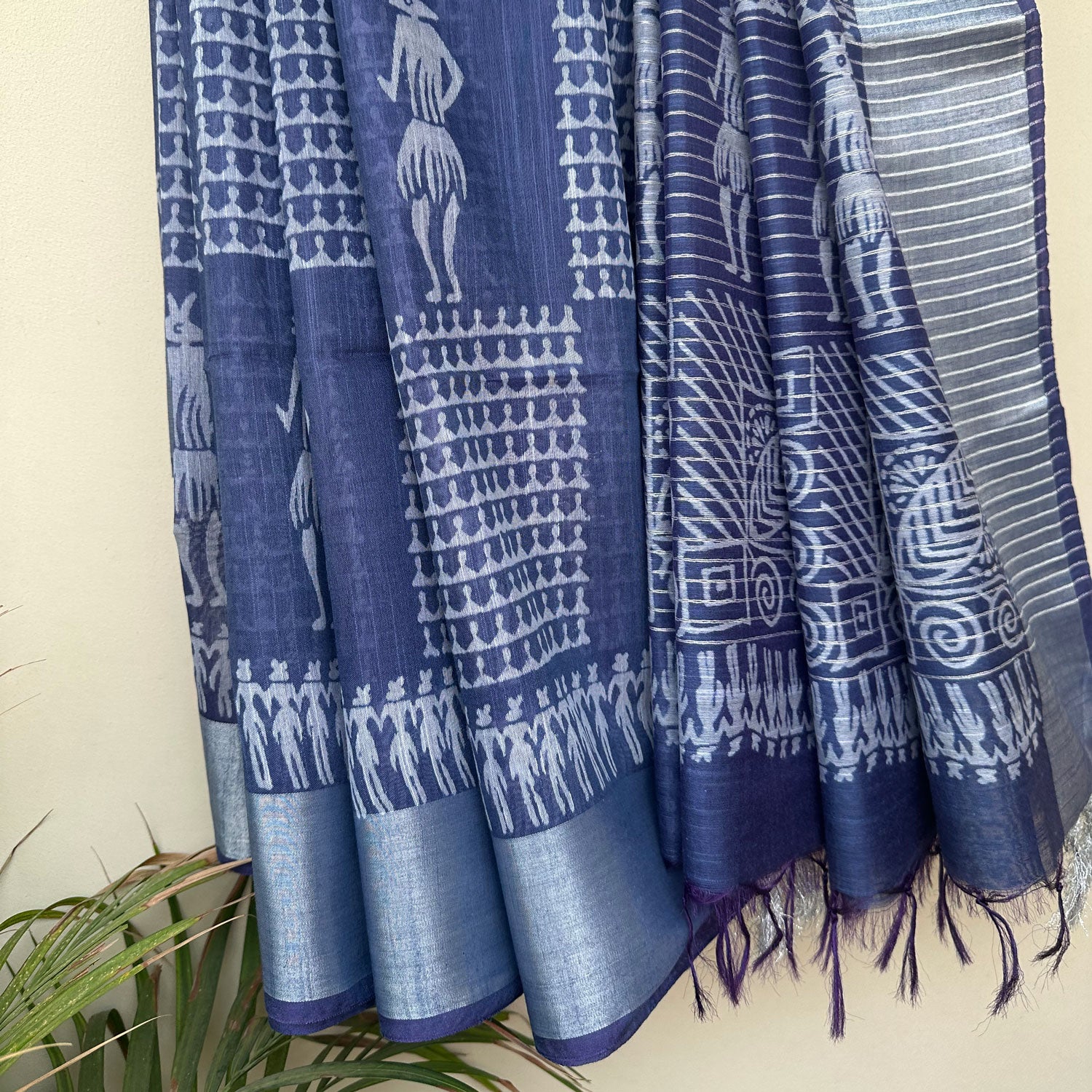 Pleats detail of Warli human figure block print on indigo cotton silk – Yati by The Thread Weavers