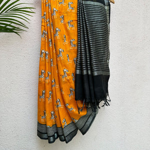 Zebra Cadabra orange printed cotton saree with zebra motifs and grey border, by The Thread Weavers