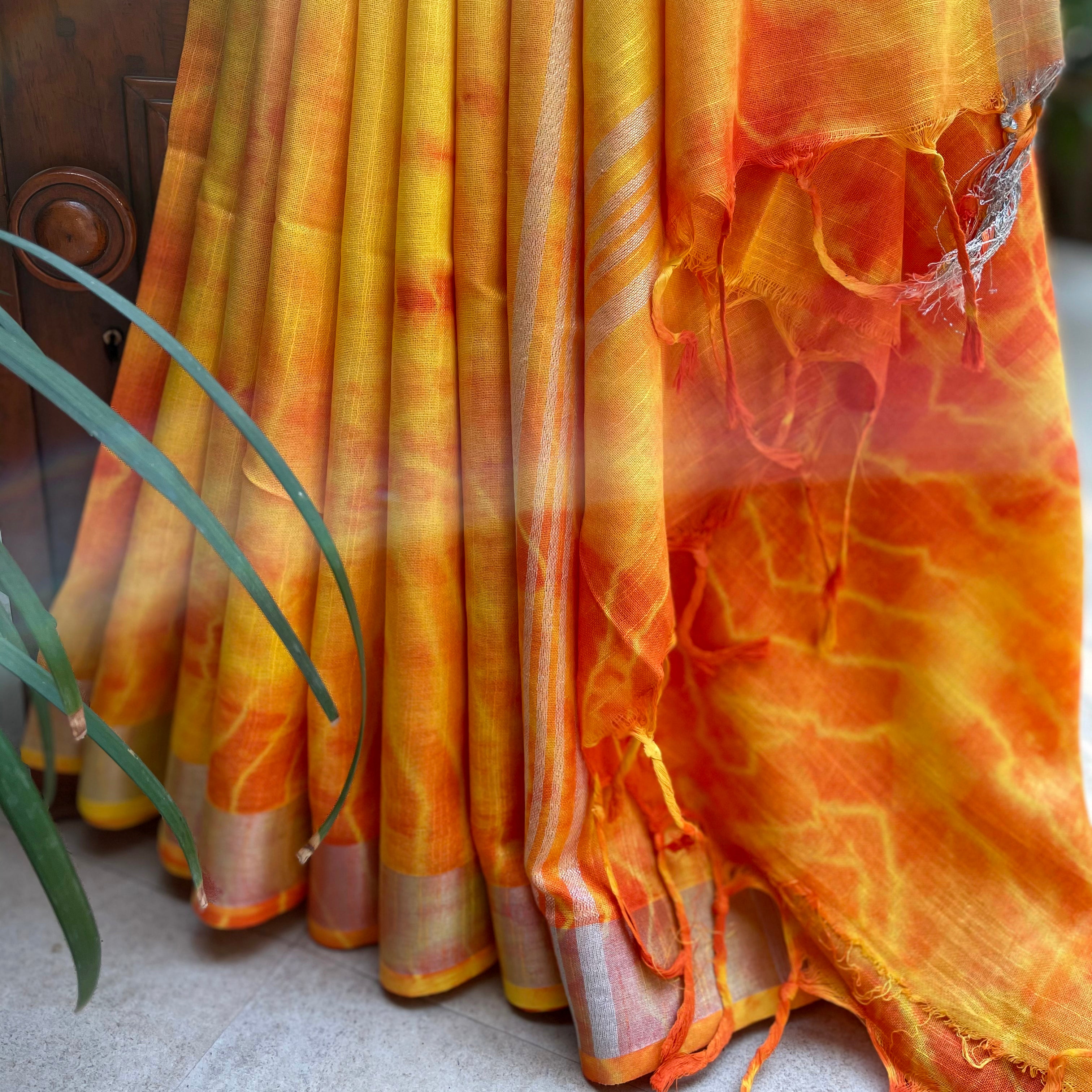Trumpet Vine Shibori Cotton Linen Saree