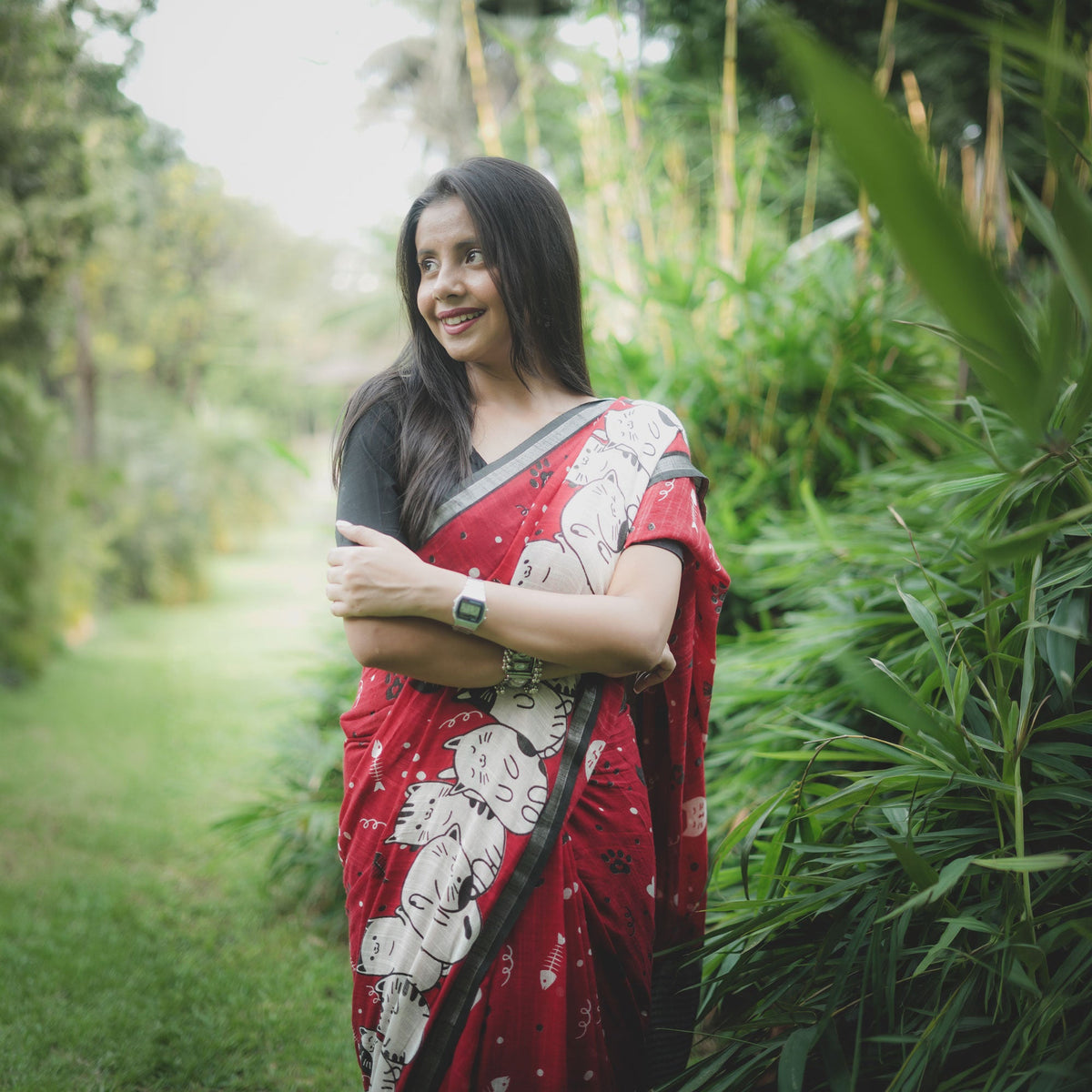 Main Character Energy Playful Cat Print Saree in Red