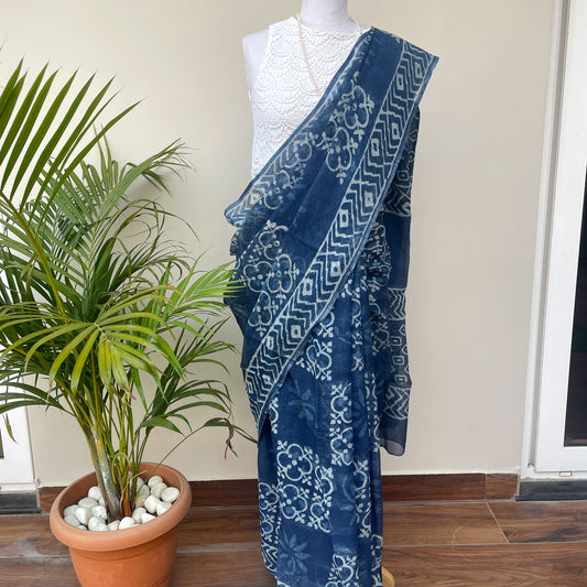 Aadhe Adhure Indigo Handblock Kota Doria Saree