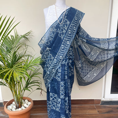 Aadhe Adhure Indigo Handblock Kota Doria Saree