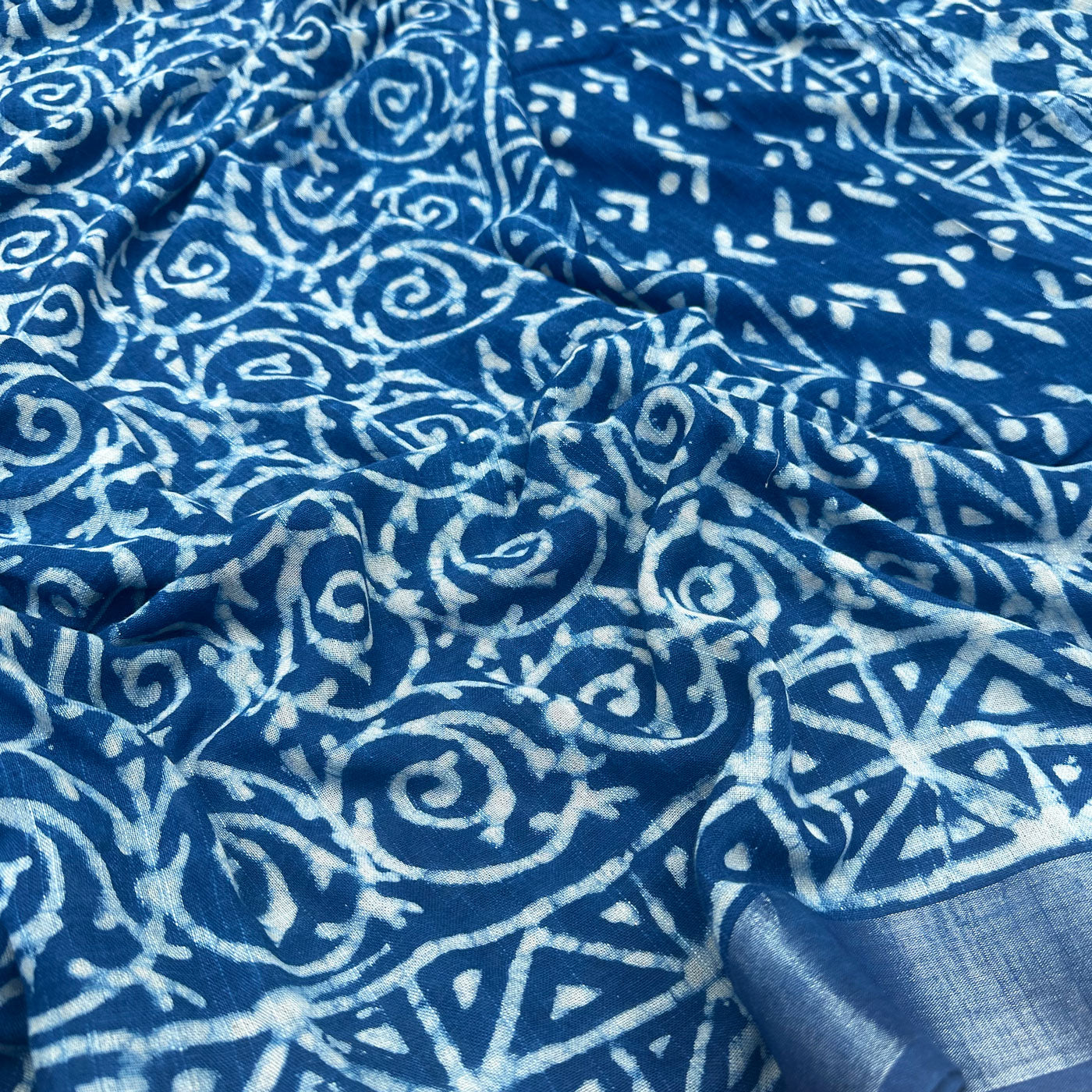 Indigo Hand Block Cotton Linen Saree