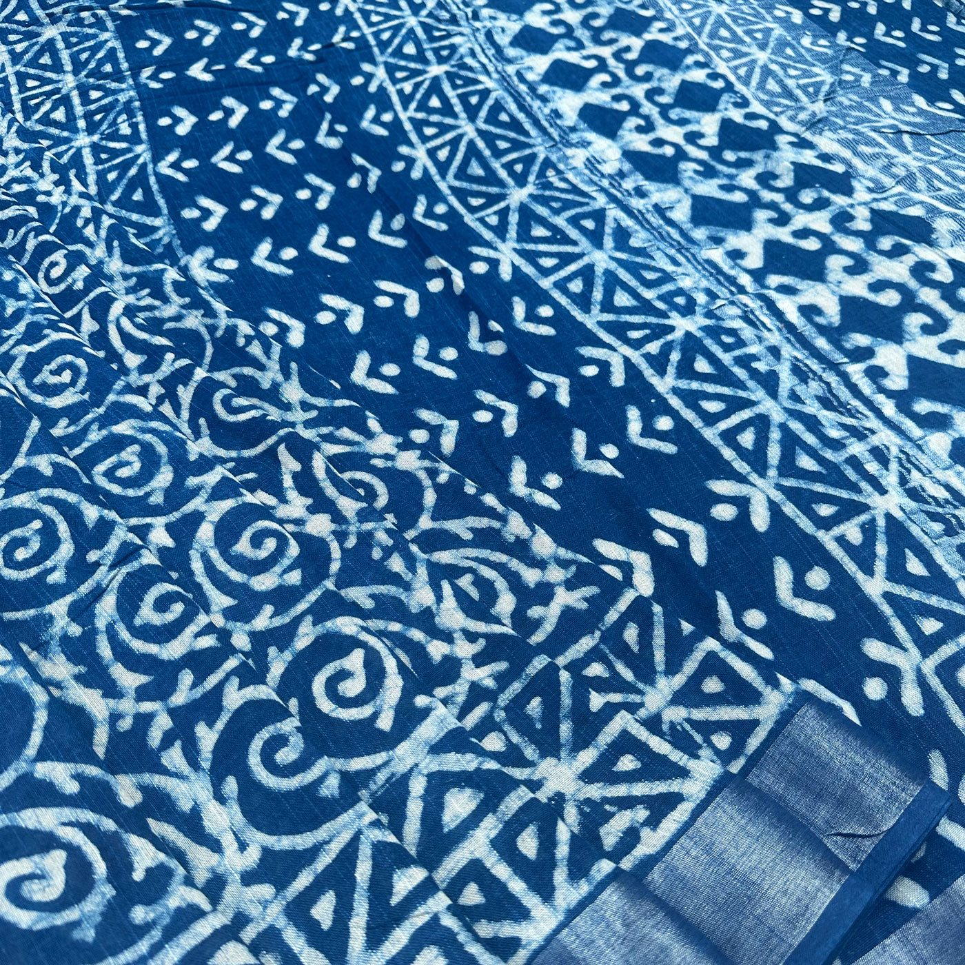 Indigo Hand Block Cotton Linen Saree
