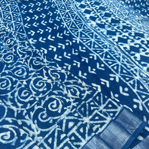Indigo Hand Block Cotton Linen Saree
