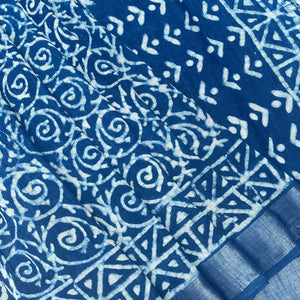 Indigo Hand Block Cotton Linen Saree