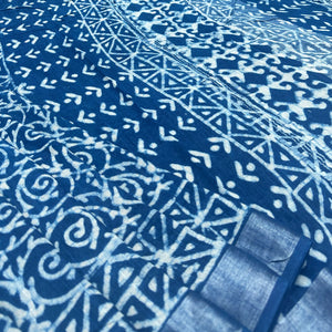 Indigo Hand Block Cotton Linen Saree