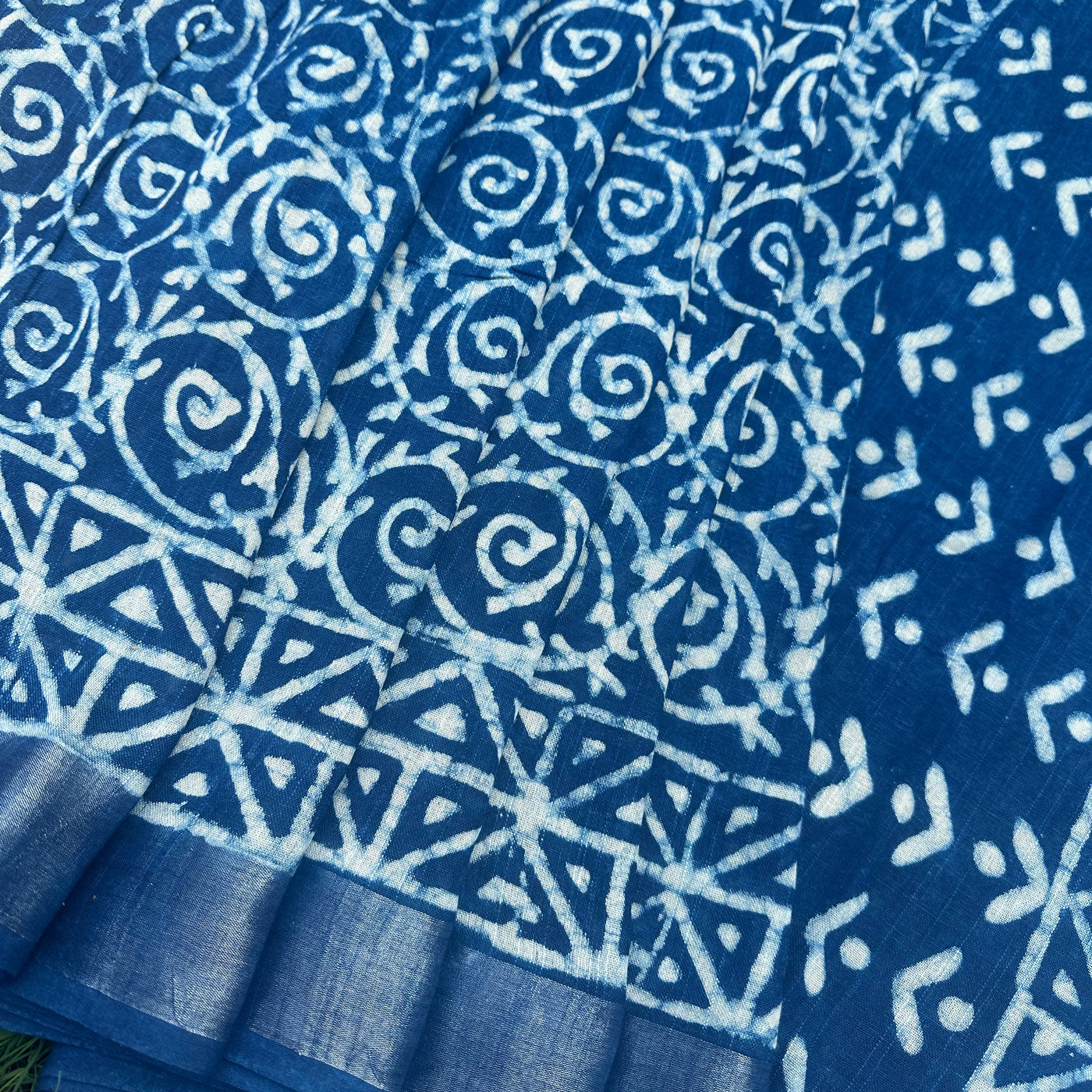 Indigo Hand Block Cotton Linen Saree