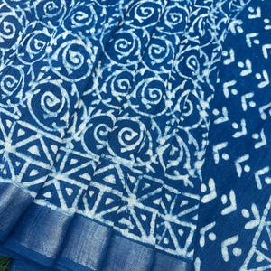 Indigo Hand Block Cotton Linen Saree