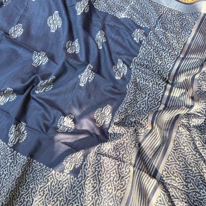 Aadya Indigo Hand Block Cotton Silk Saree