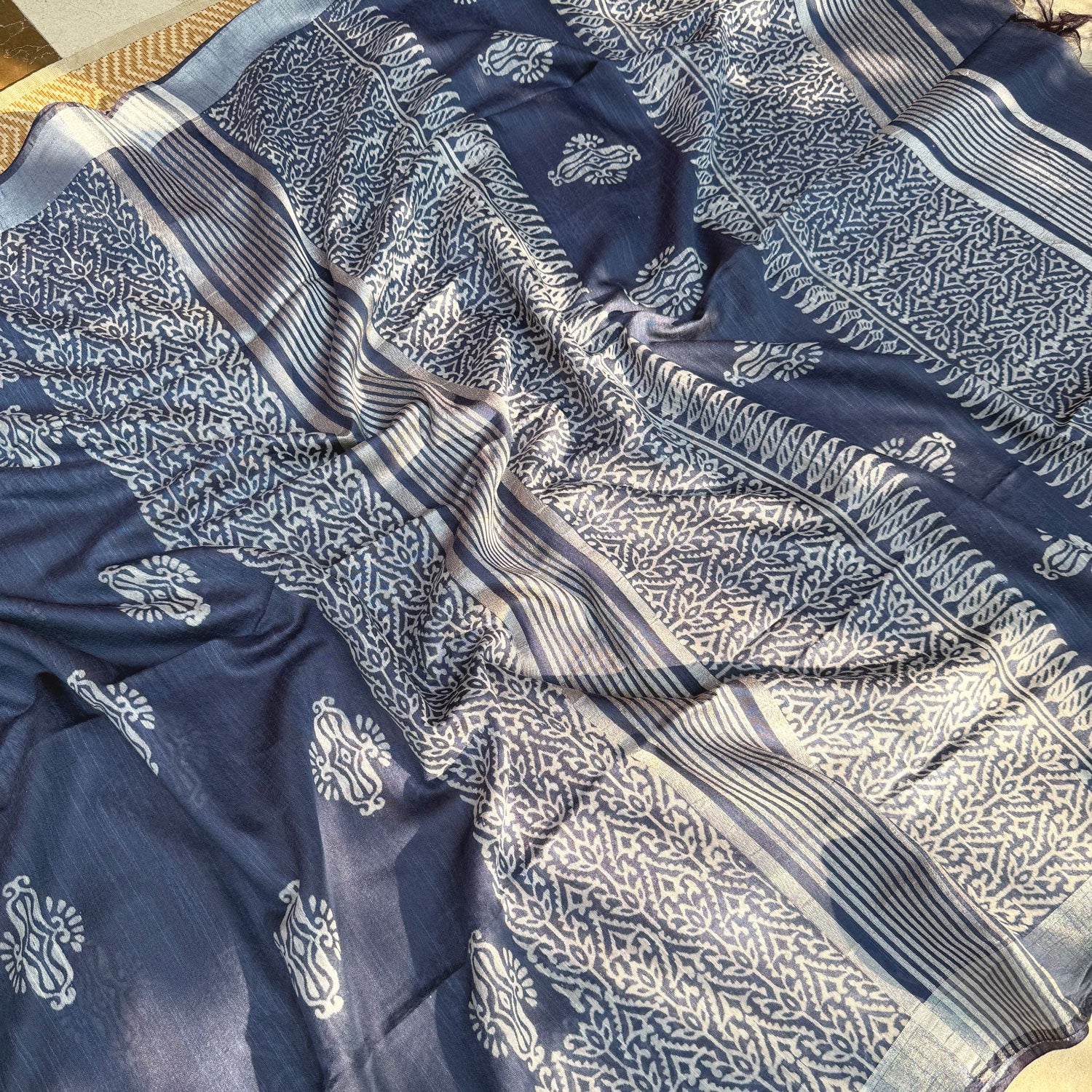 Aadya Indigo Hand Block Cotton Silk Saree