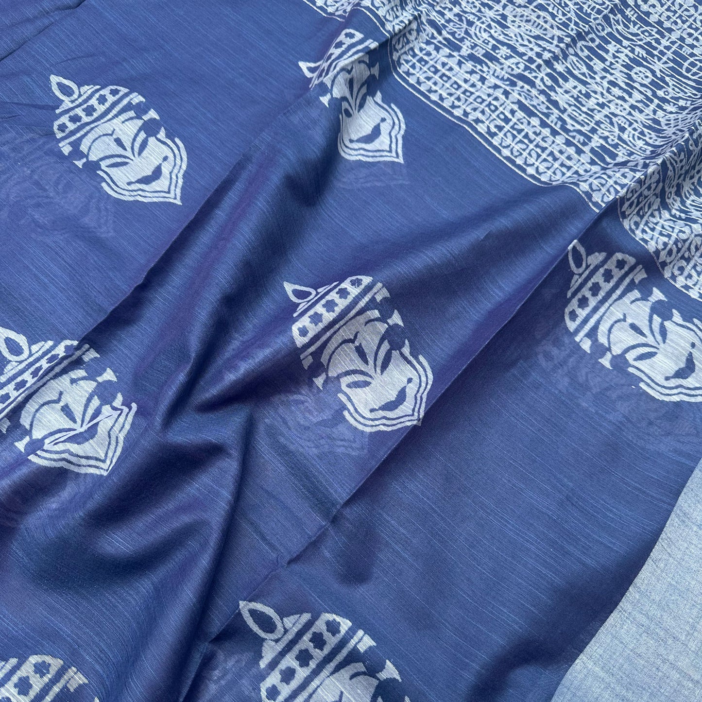 Closeup of Kathakali face hand block print indigo cotton silk saree – The Thread Weavers