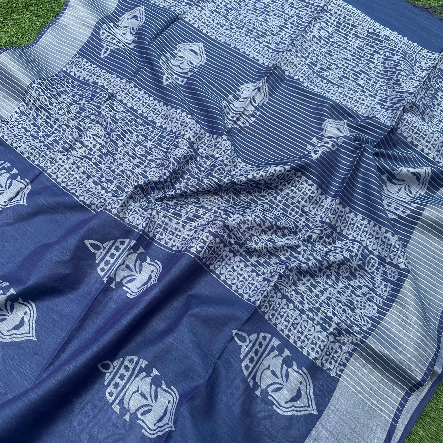 Closeup of Kathakali face hand block print indigo cotton silk saree – The Thread Weavers