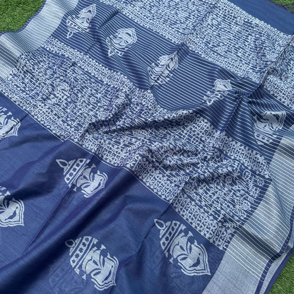 Closeup of Kathakali face hand block print indigo cotton silk saree – The Thread Weavers