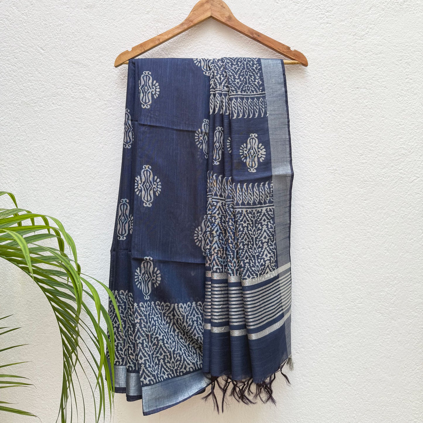 Aadya Indigo Hand Block Cotton Silk Saree